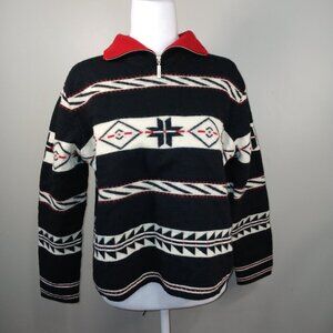 100% WOOL SWEATER JAX BRAND AZTEC DESIGN ZIP COLLAR BLACK AND RED SIZE XL